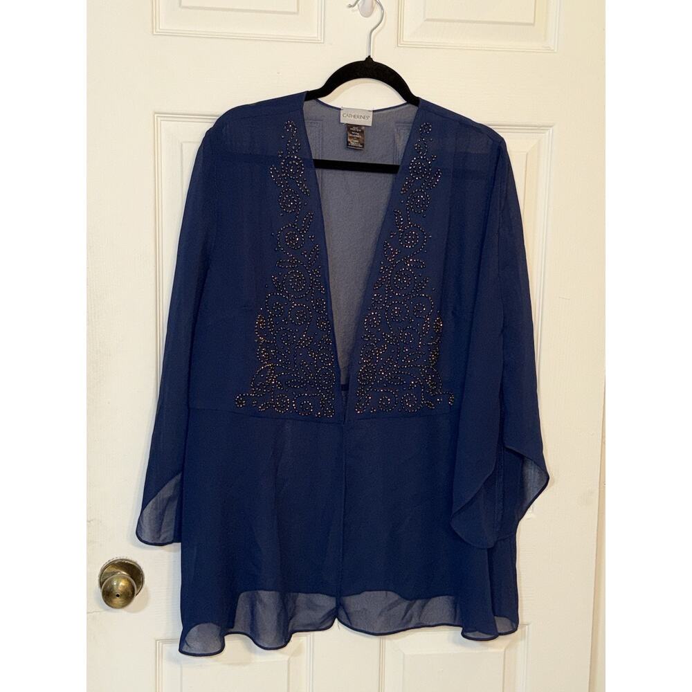 Catherines Floral Embroidered Cardigan Jacket Women's Plus 18W Kimono Blue‎